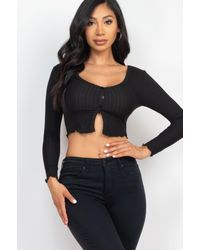 TRUEDAMES - Ribbed Button Front Split Long Sleeve Top - Lyst