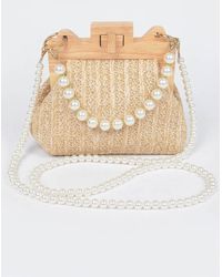 Fashnzfab - Faux Straw Wood Frame Clutch W/ Faux Pearl Chain - Lyst