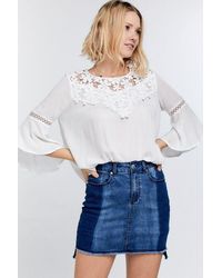 TRUEDAMES - Cute Floral Mesh Lace Accent Yoke Crochet Detailed Tie-Back Bell Sleeve Blouse Top - Lyst