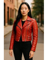 Infinity Leather - Burgundy Cropped Brando Leather Biker Jacket-Durban - Lyst