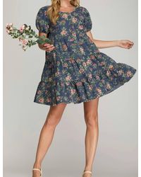 She + Sky - Puff Sleeve Button Down Tiered Print Denim Dress - Lyst