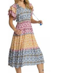 Umgee - Mixed Aztec Print With Tassel Front Tie & Ruffle Sleeves Midi Dress - Lyst