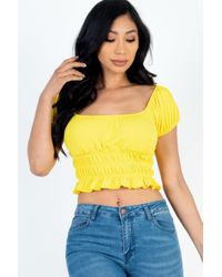 TRUEDAMES - Casual Ruched Puff Sleeve Ribbed Knit Solid Top - Lyst