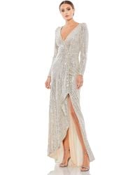 Ieena for Mac Duggal - Sequined Faux Wrap Long Sleeve Gown - Lyst
