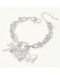 Fashnzfab - 14K Plated Cz Stone Paved Dragonfly Honey Bee Mother Of Pearl Butterfly Charm Industrial Chain Link Bracelet Rhodium - Lyst