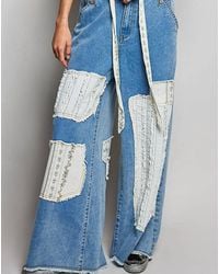 Pol - Boho Vintage Patchwork Denim Wide Leg Pants - Lyst