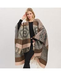 TRUEDAMES - Aztec Leopard Pattern Fringe Ruana Poncho - Lyst