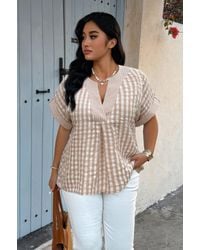 TRUEDAMES - Plus Size V Neck Textured Plaid Patchwork Blouse - Lyst