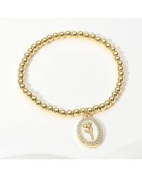 Fashnzfab - Stainless Steel Stone Paved Tulip Flower Embossed Mother Of Pearl Oval Charm Beaded Stretch Bracelet, Mother Of Pearl - Lyst