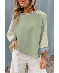 TRUEDAMES - Grapefruit Waffle Knit Wide Bracelet Sleeve Patchwork Raglan Top - Lyst