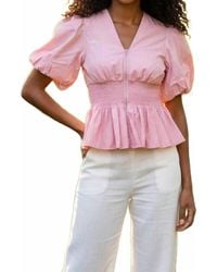 She + Sky - Puff Sleeve Smocking Front Zipper Woven Top - Lyst