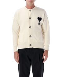 Ami Paris - Merino Wool Crewneck Cardigan With "Ami Of Caur" Intarsia & Engraved Horn Buttons - Lyst