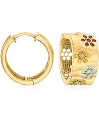 Ross-Simons Gemstone Flower Huggie Hoop Earrings In 18kt Gold Over Sterling - Metallic