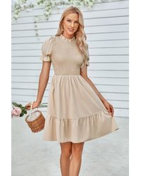 TRUEDAMES - Solid Puff Sleeve Shirred Detail Ruffle Hem Dress - Lyst