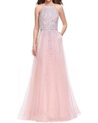 La Femme - Metallic Beading Cascading Prom Dress - Lyst