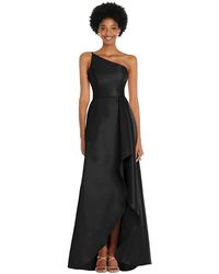 Alfred Sung - One-Shoulder Satin Gown With Draped Front Slit And Pockets - Lyst