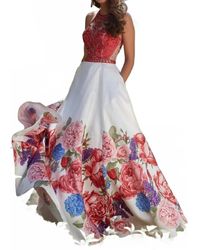 Paparazzi by Mori Lee - Beaded Bodice Floral Printed Satin Ball Gown - Lyst