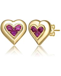 Rachel Glauber - 14k Gold Plated With Ruby Cubic Zirconia 3-stone Cluster Heart Stud Earrings - Lyst
