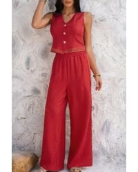 TRUEDAMES - Solid Two Pieces Button Lace Hem Long Sets - Lyst