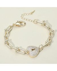 Fashnzfab - 14K Plated Cz Stone Paved Heart Lock Charm Accent Chunky Industrial Chain Link Bracelet - Lyst