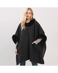 TRUEDAMES - Faux Fur Trim Toggle Clasp Front Cape Wrap Poncho - Lyst