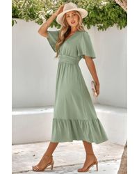 TRUEDAMES - Solid V Neck Belted Wrap Layered Midi Dress - Lyst