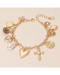 Fashnzfab - Pearl Heart Cross Floral Medallion Charm Station Paperclip Chain Bracelet Cream, Matte - Lyst