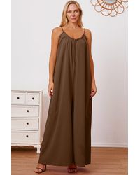 TRUEDAMES - Full Size Ruffle Trim Tie Back Cami Jumpsuit With Pockets - Lyst