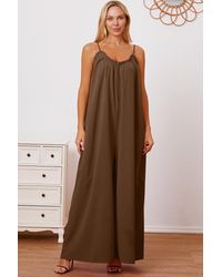 TRUEDAMES - Full Size Ruffle Trim Tie Back Cami Jumpsuit With Pockets - Lyst
