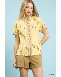 TRUEDAMES - Printed Ruffle Trim Button Front Blouse - Lyst