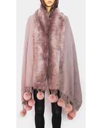 TRUEDAMES - Faux Fur Trim Pom Pom Dangle Poncho - Lyst