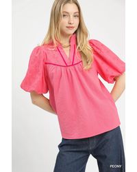 TRUEDAMES - Puff Sleeve Eyelet Mix Top With Contrast Piping - Lyst