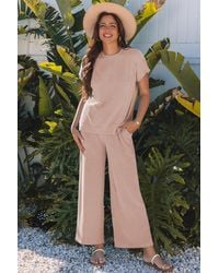 TRUEDAMES - Solid Corded Knit Short Sleeve T Shirt And Wide Leg Pants Set - Lyst