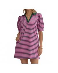 Style USA - Stripe Print V-Neck Puff Sleeve Collared Mini Dress - Lyst