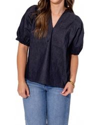 Thml - Split Neck Suede Ruffle Denim Top - Lyst