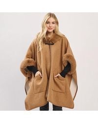 TRUEDAMES - Faux Fur Trim Toggle Clasp Front Cape Wrap Poncho - Lyst