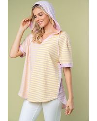TRUEDAMES - Birch Full Size Striped Short Sleeve Drawstring Hooded Top - Lyst