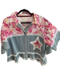 Bibi - Denim Floral Button Up Crop Top - Lyst