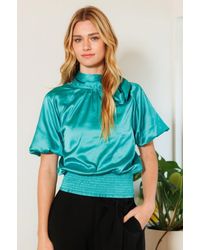 TRUEDAMES - Waist Smocked Solid Satin Blouse - Lyst