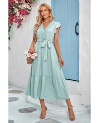 TRUEDAMES - Fashnzfab Solid Dot V Neck Lace Ruffle Belt Long Dress - Lyst