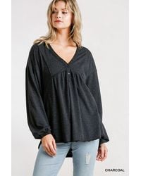 TRUEDAMES - Confetti Detailed Long Puff Sleeve Babydoll Top With Button Front And Raw Hem - Lyst