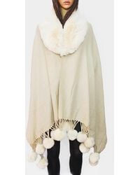 TRUEDAMES - Faux Fur Collar And Pom Pom Dangle Poncho - Lyst