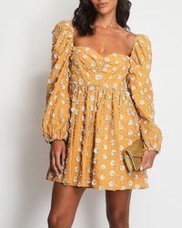 Markarian - Mustard Long Sleeve Mini Dress With Silver Embroideries - Lyst