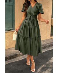TRUEDAMES - Solid V Neck Puff Sleeve Elastic Waist Dress - Lyst