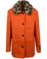 MSGM - Long Virgin Wool And Polyamide Coat With Detachable Plush Collar - Lyst