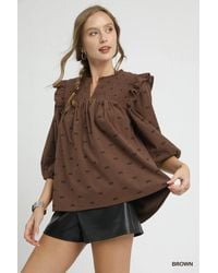TRUEDAMES - Bow Print Corduroy Puff Sleeve Blouse With Ruffled - Lyst