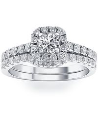Pompeii3 - 3/4ct Cushion Halo Diamond Engagement Wedding Ring Set White Gold Lab Grown - Lyst