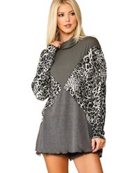 TRUEDAMES - Solid And Animal Print Mixed Knit Turtleneck Top With Long Sleeves - Lyst