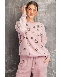 TRUEDAMES - Long Sleeve Leopard Print Washed Terry Sweatshirt - Lyst