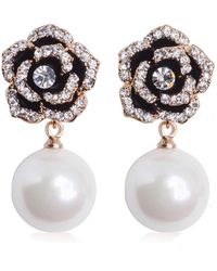 Liv Oliver - 18k Gold Black Rose Embellished Pearl Drop Earrings - Lyst